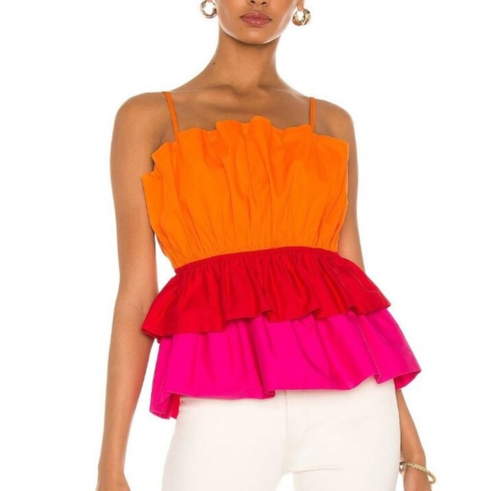 Milly Naomi tiered ruffle poplin top. Watermelon Size Large New with tags
